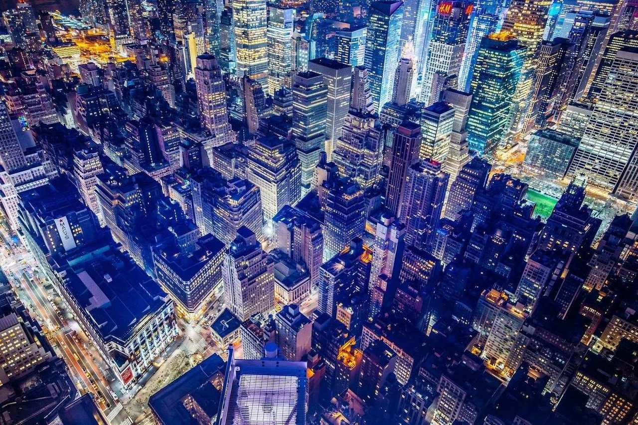 An aerial view of a city at night